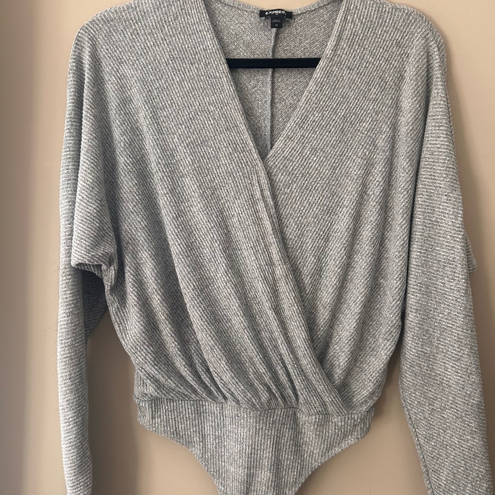 Express Womens Gray Wrap-Front Bodysuit Top